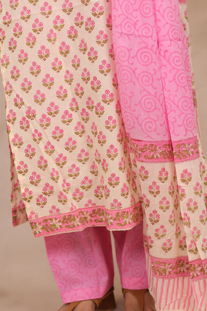 Off White & Pink Handblock printed Pure Mul Cotton with Kota Doria Duppata 3 piece suit (stitched)