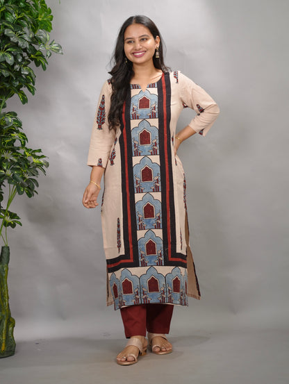 Cream Ajrakh Pattern Hand Block printed Kurti | Looms & Tassels