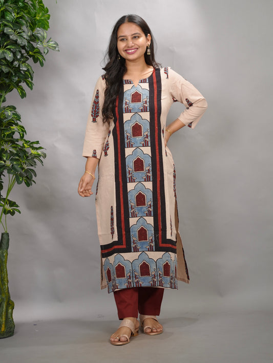 Cream Ajrakh Pattern Hand Block printed Kurti | Looms & Tassels