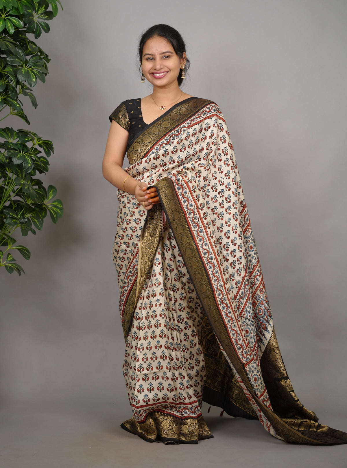 Cream Ajrakh Handblock printed Dola Silk Saree| Looms & Tassels