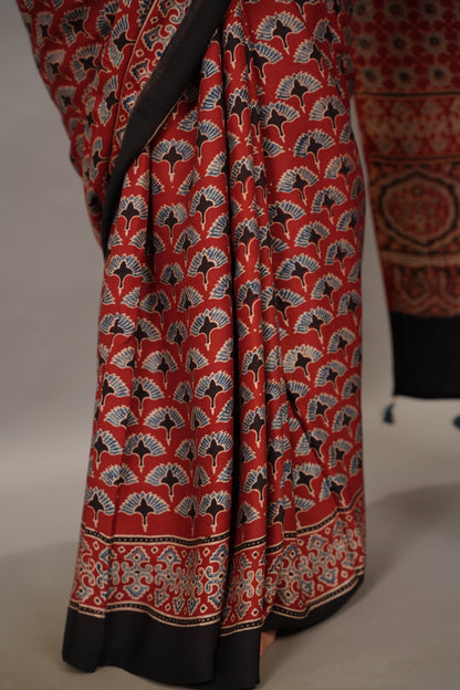 Maroon Authentic Ajrakh Handblock Printed Modal Silk Saree | Looms & Tassels