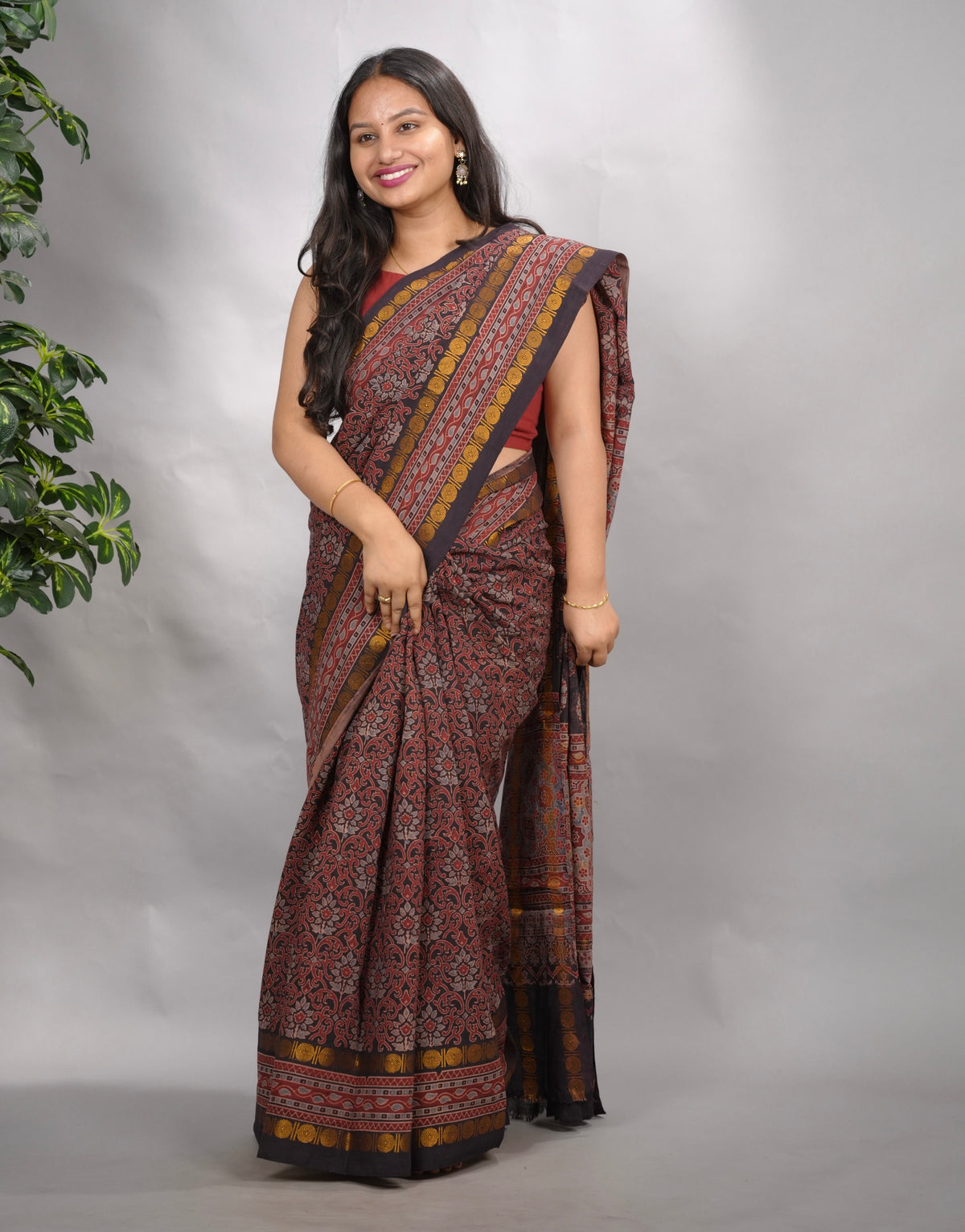 Black & Maroon Ajrakh Hand Block Printed Sungudi Cotton Saree | Looms & Tassels
