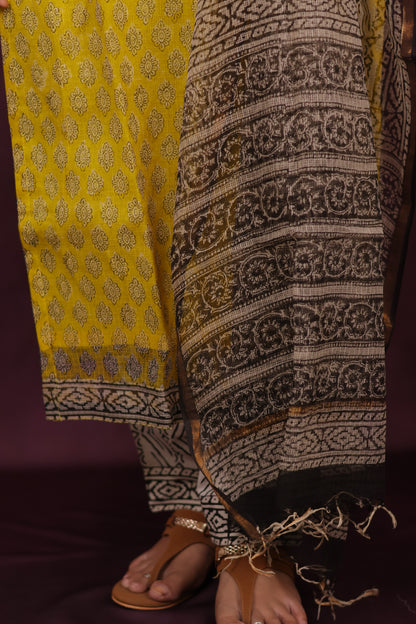 Yellow Handblock printed kota 3 piece suit (stitched)