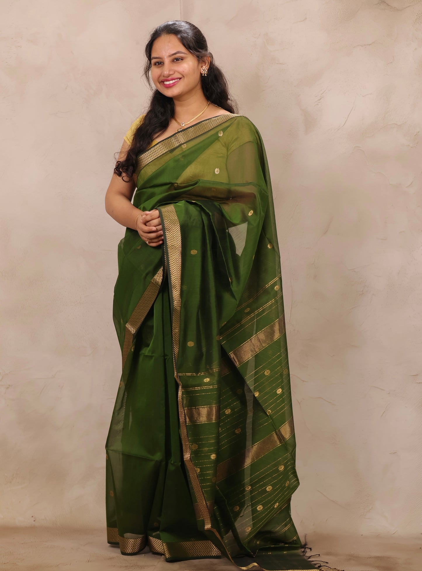 Green Handloom Maheswari Silk Cotton Sarees | Looms & Tassels