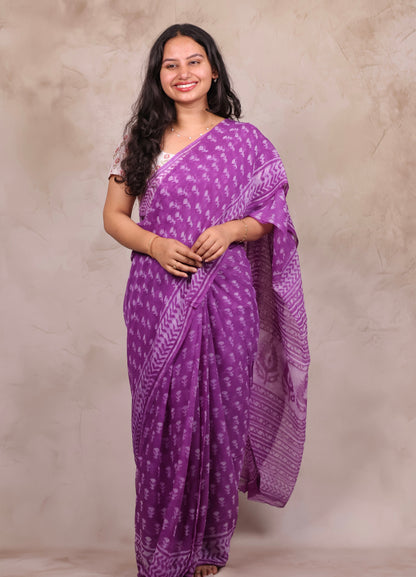 Purple Chiffon Hand Block Printed Saree | Looms & Tassels