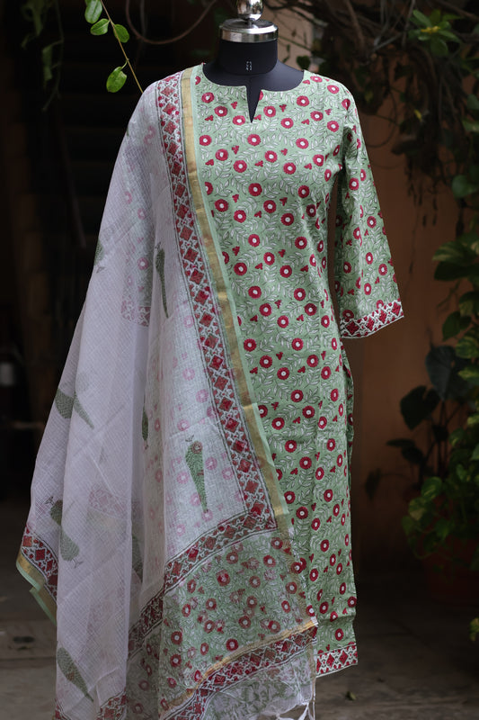 Pista Green Handblock printed Pure Mul Cotton with Kota Doria Duppata 3 piece suit (stitched)