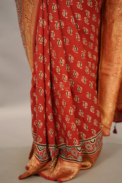Red Butta Ajrakh Handblock printed Dola Silk Saree | Looms & Tassels