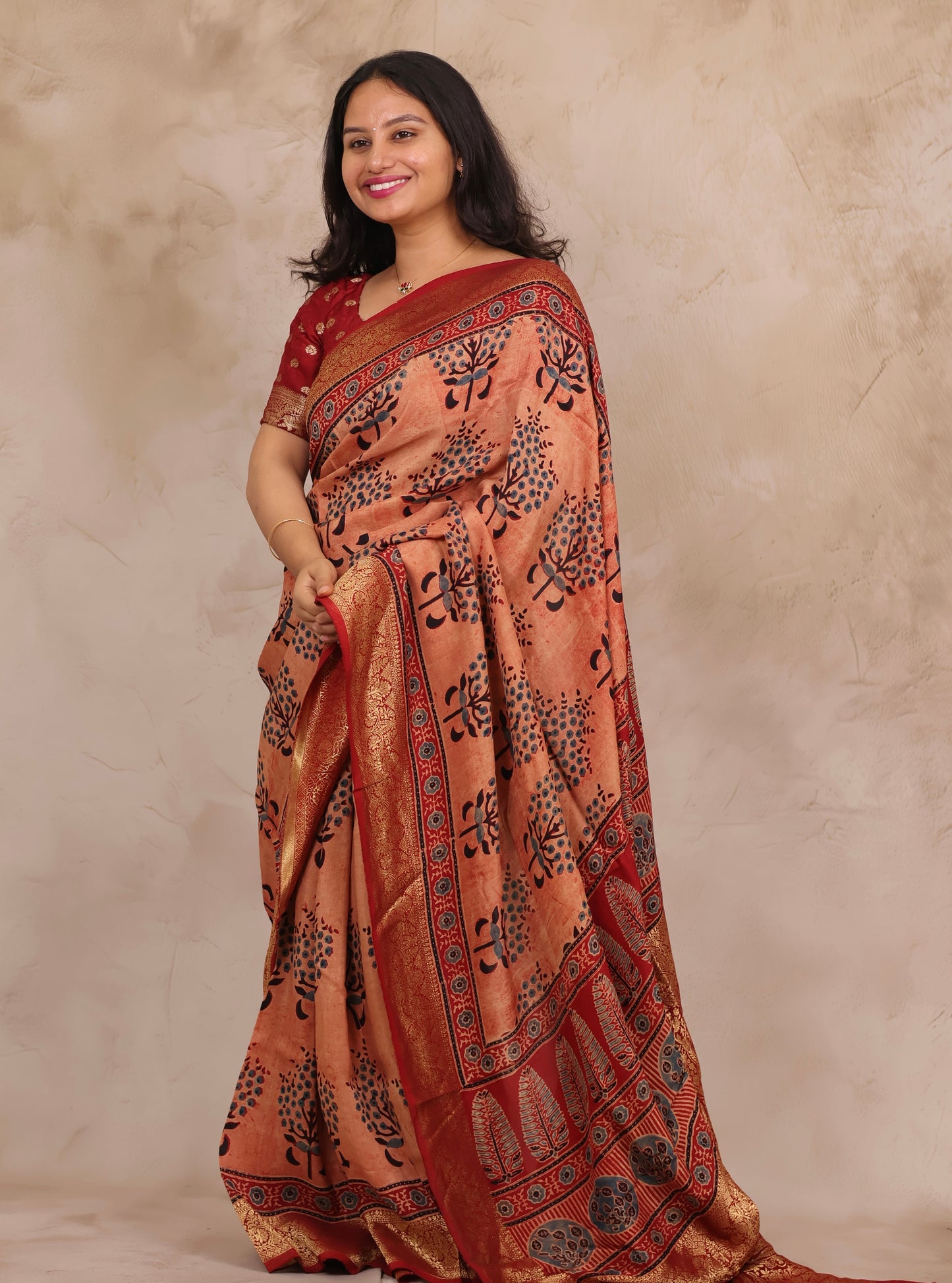 Onion Pink Ajrakh Handblock printed Dola Silk Saree | Looms & Tassels