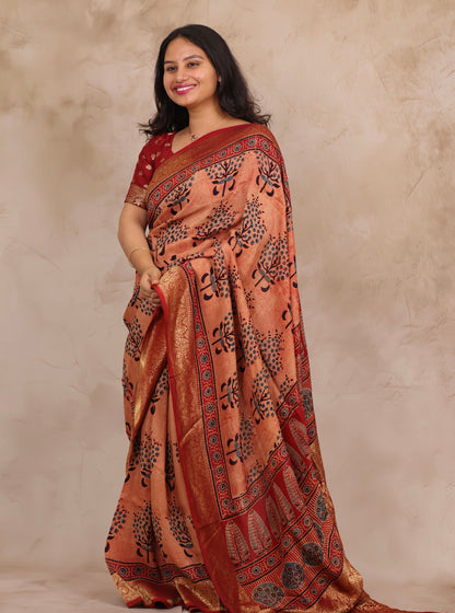 Onion Pink Ajrakh Handblock printed Dola Silk Saree | Looms & Tassels