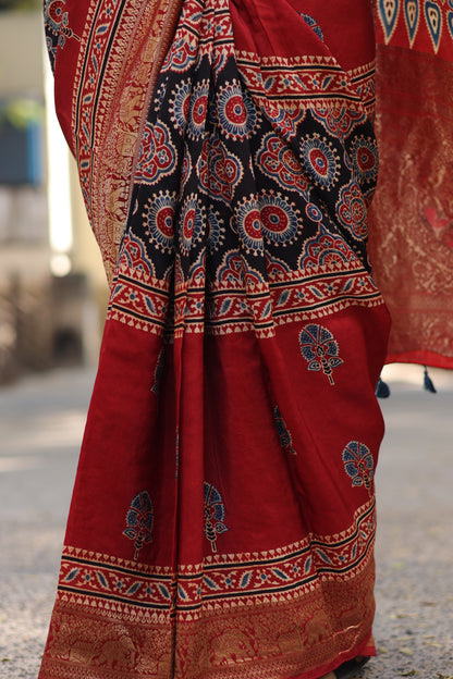 Red & Black Authentic Ajrakh Handblock Printed Dola Silk Saree | Looms & Tassels