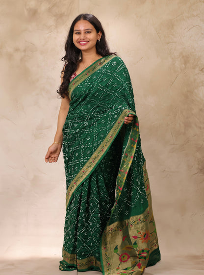 Green Handcrafted Pattern Bandhani Paithani Dola Silk Saree | Looms & Tassels