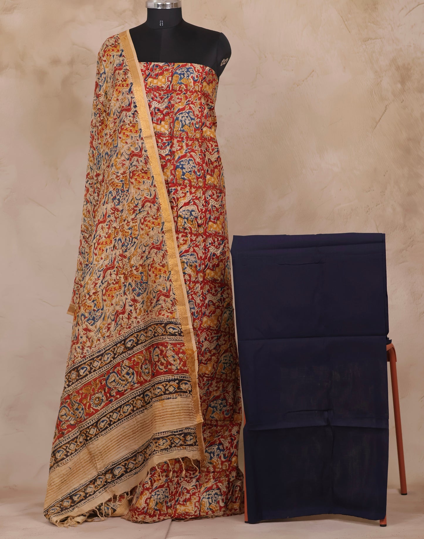 Hand Block Printed Kalamkari Unstitched 3pc Suit Set