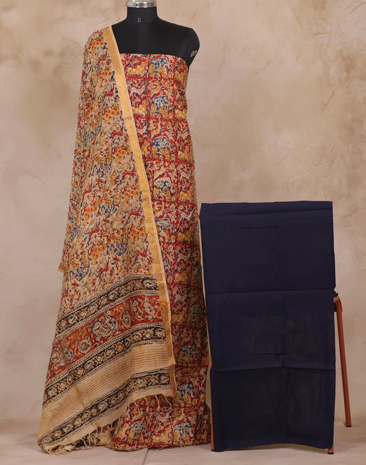 Red Hand Block Printed Kalamkari Unstitched 3pc Suit Set