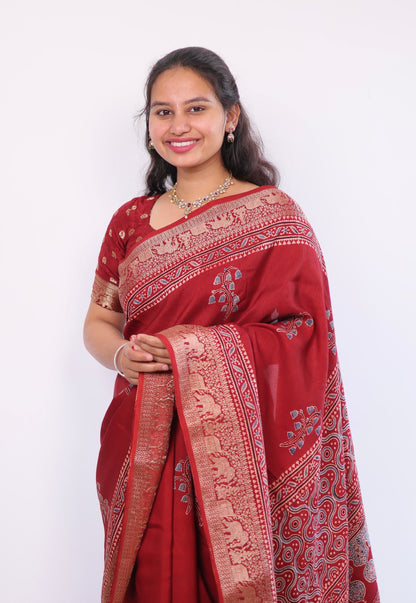 Red Ajrakh Dola Silk Saree