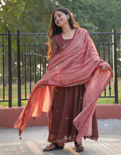Onion Pink Narayanpet Cotton Anarkali Dress with Narayanpet Dupatta