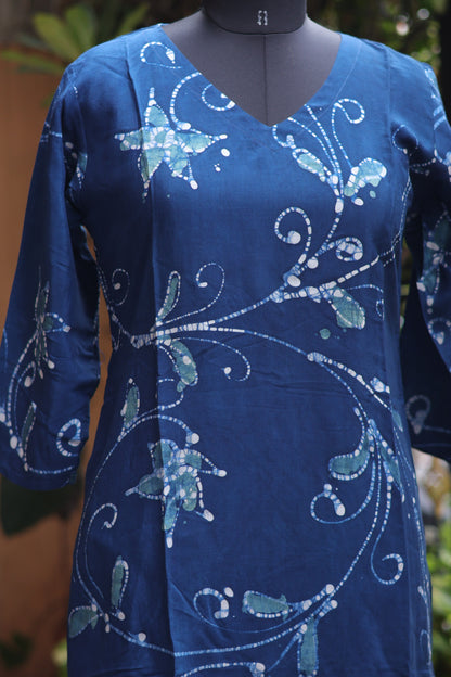 Blue Hand drawn Batik silk Kurti