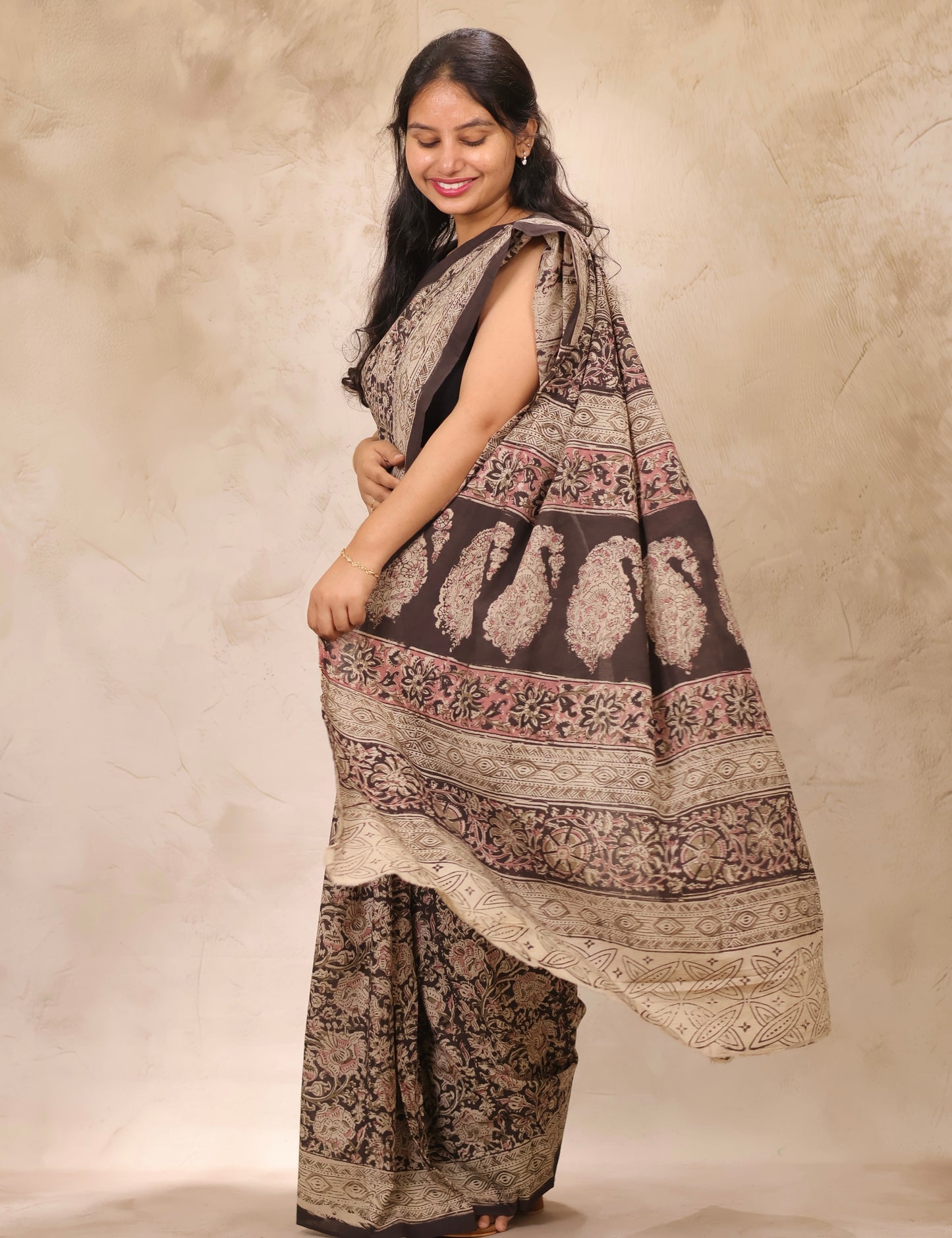 Black Hand Block Printed Kalamkari Cotton Saree | Looms & Tassels
