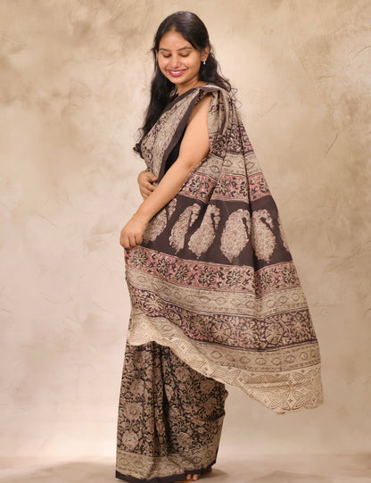 Black Hand Block Printed Kalamkari Cotton Saree | Looms & Tassels