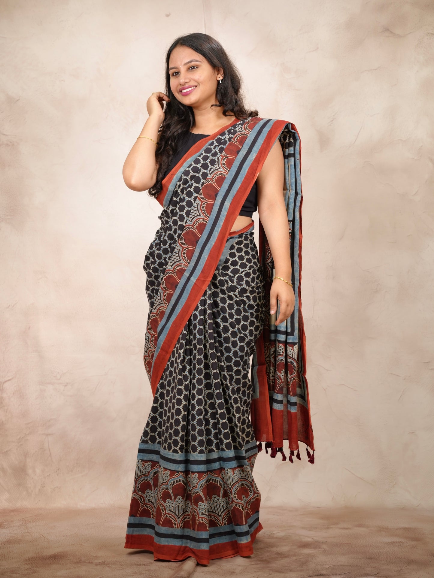 Black & Red Ajrakh Hand Block Printed Cotton Saree | Looms & Tassels