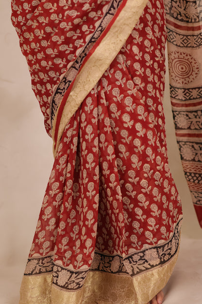 Maroon Chiffon Hand Block Printed Saree with Jari Border | Looms & Tassels