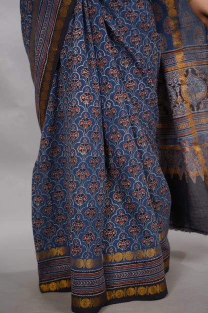 Indigo Ajrakh Hand Block Printed Sungudi Cotton Saree | Looms & Tassels