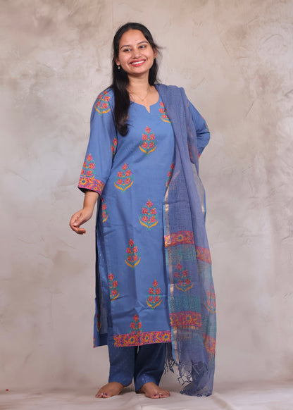 Blue Handblock printed Pure Mul Cotton with Kota Duppata 3 piece suit (stitched)