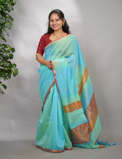 Sky Blue Handloom Maheswari Silk Cotton Sarees | Looms & Tassels