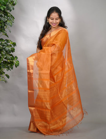 Orange Checks Handloom Maheswari Tissue Silk Cotton Sarees | Looms & Tassels