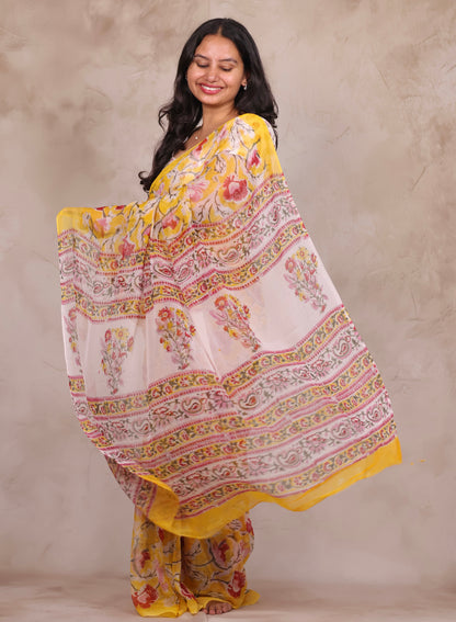 Yellow Chiffon Bagru Hand Block Printed Saree | Looms & Tassels