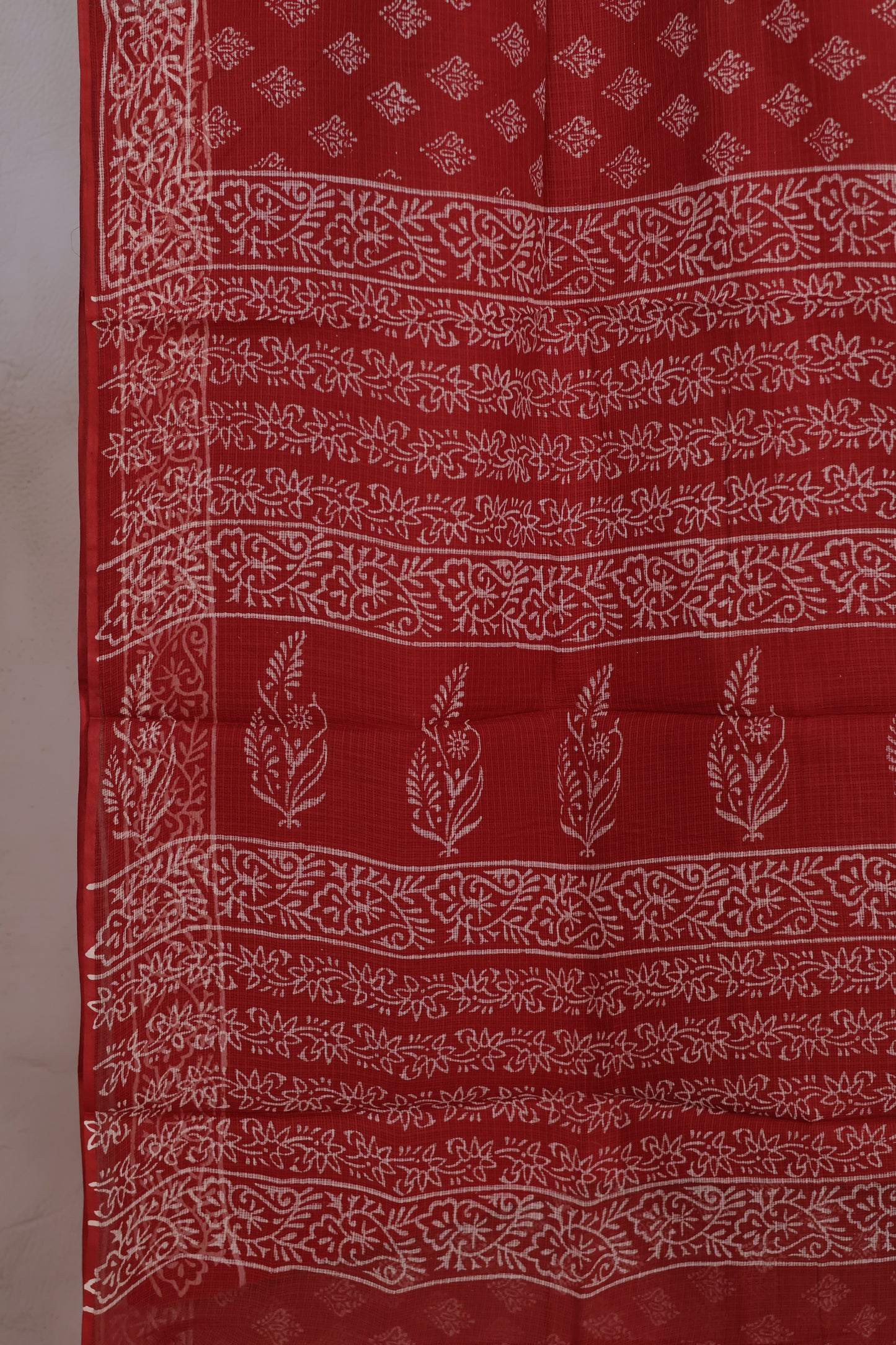 Rust Pure Kota Doria Saree with Bagru Handblock Prints | Looms & Tassels