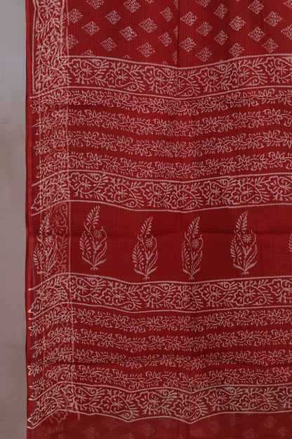 Rust Pure Kota Doria Saree with Bagru Handblock Prints | Looms & Tassels