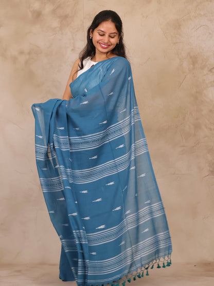 Blue Handwoven Malai Cotton Saree| Looms & Tassels