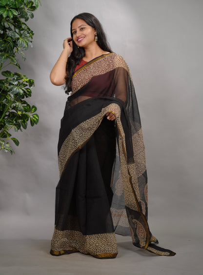 Black Pure Kota Doria Saree with Bagru Handblock Prints