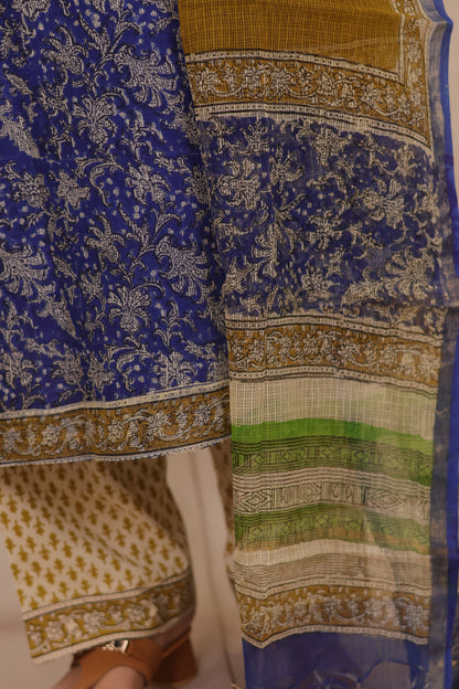 Blue Handblock printed kota 3 piece suit (stitched)