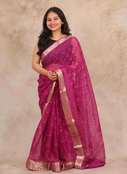 Magenta Pink Chiffon Hand Block Printed Saree with Jari Border | Looms & Tassels