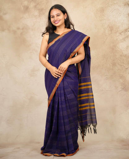 Dark Blue Narayanpet Cotton Saree lines weaving | Looms & Tassels