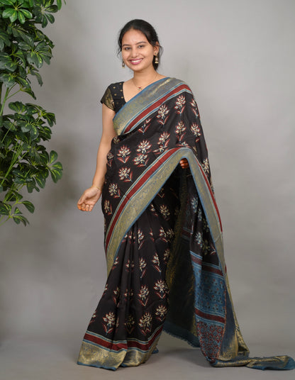 Ajrakh Dola Silk Saree - Black | Looms & Tassels