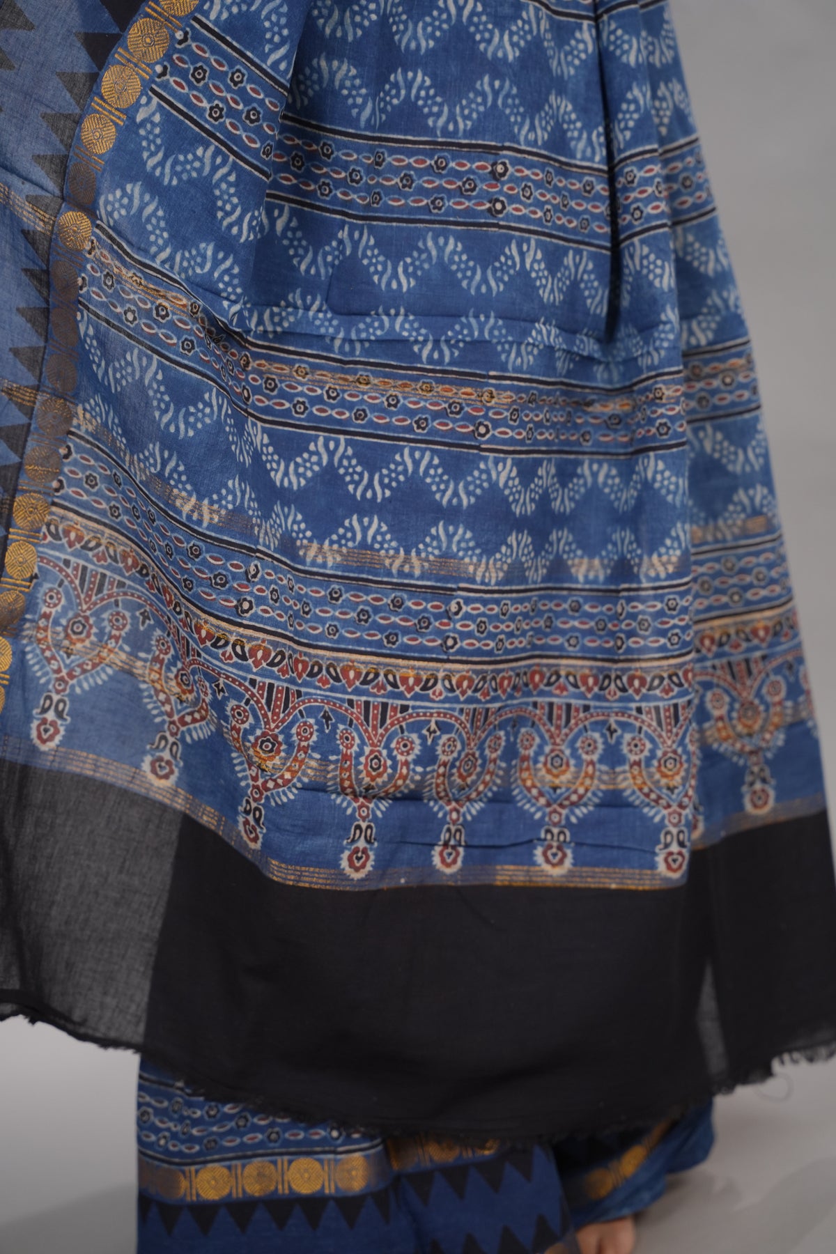 Indigo Blue Ajrakh Hand Block Printed Sungudi Cotton Saree | Looms & Tassels