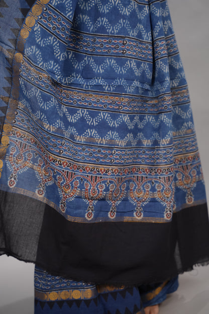 Indigo Blue Ajrakh Hand Block Printed Sungudi Cotton Saree | Looms & Tassels