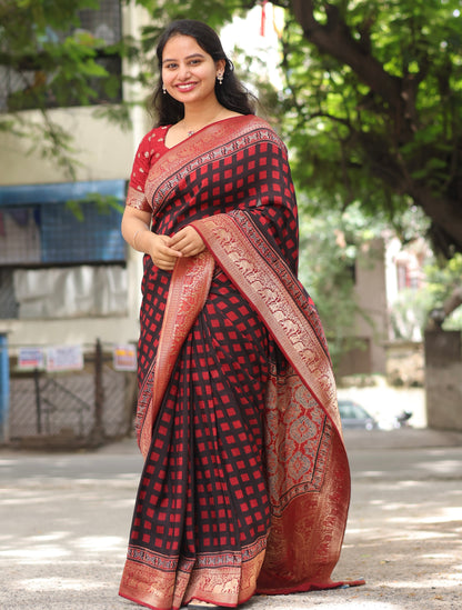 Checks Contemporary Ajrakh Dola Silk Saree