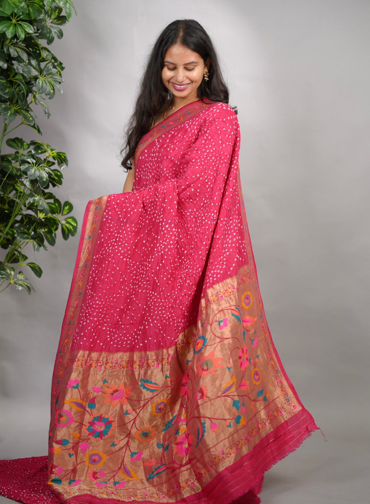 Pink Handcrafted  Pattern Bandhani Paithani Dola Silk Saree | Looms & Tassels