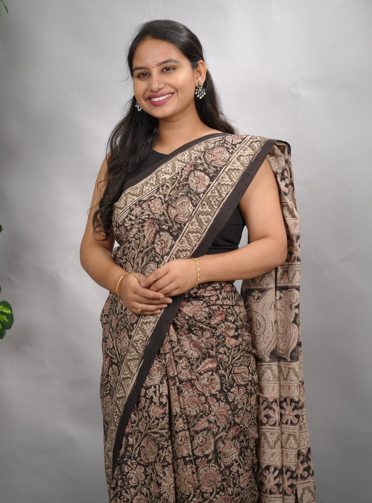 Light Black Hand Block Printed Kalamkari Cotton Saree | Looms & Tassels