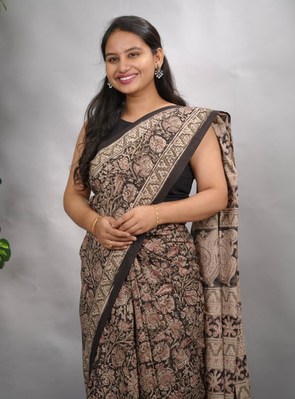 Light Black Hand Block Printed Kalamkari Cotton Saree | Looms & Tassels