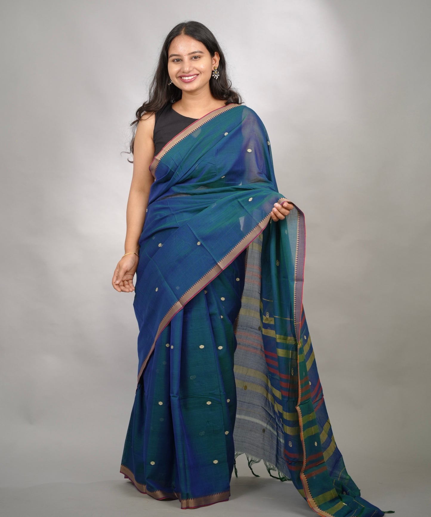Peacock Blue Narayanpet Cotton Saree With Butta Weaving | Looms & Tassels