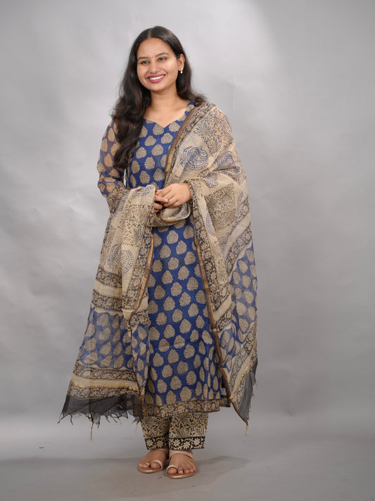 Blue Handblock printed kota 3 piece suit (stitched)| Looms & Tassels