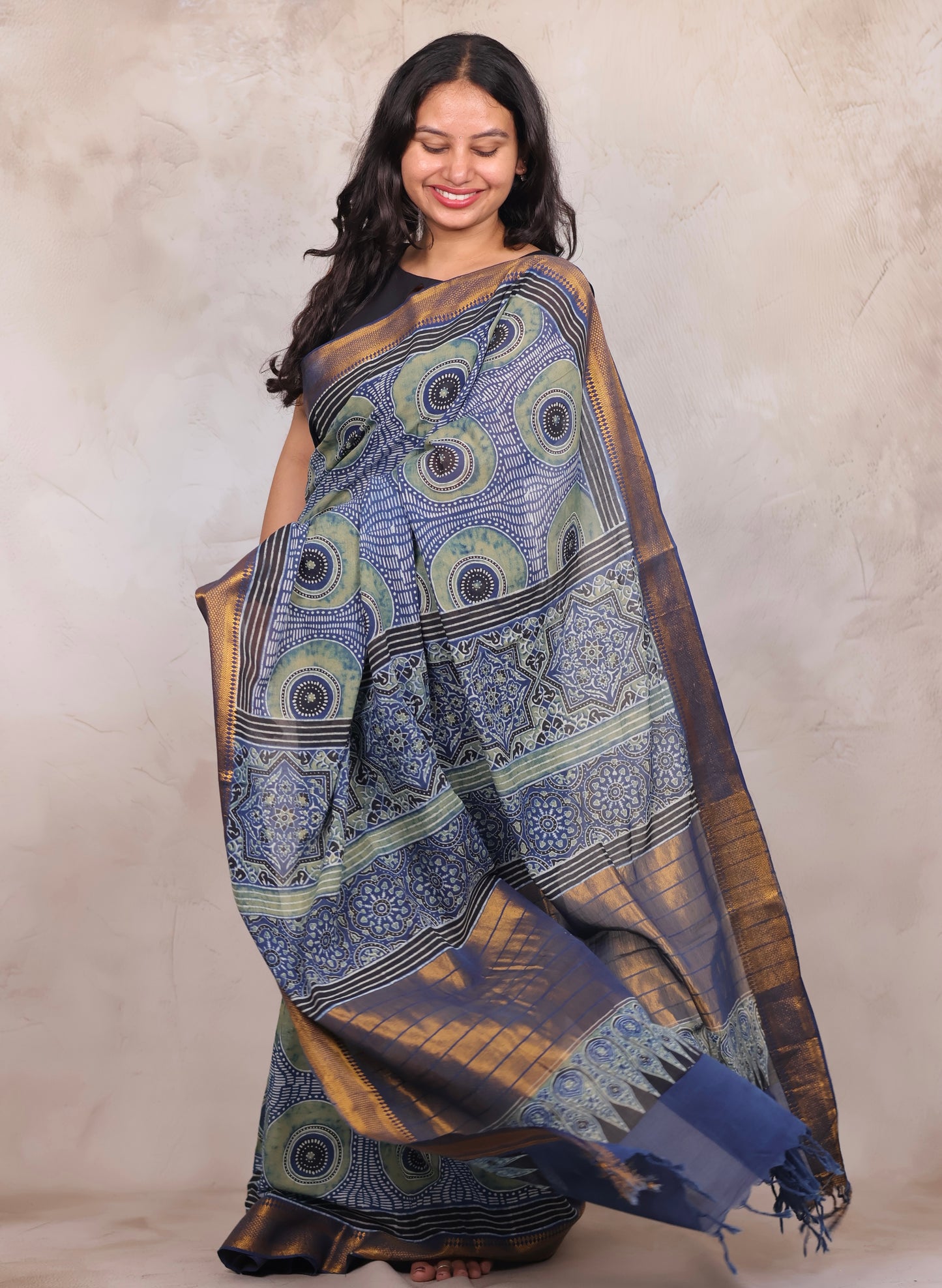 Indigo Ajrakh Hand Block Printed Mangalagiri Cotton Saree | Looms & Tassels