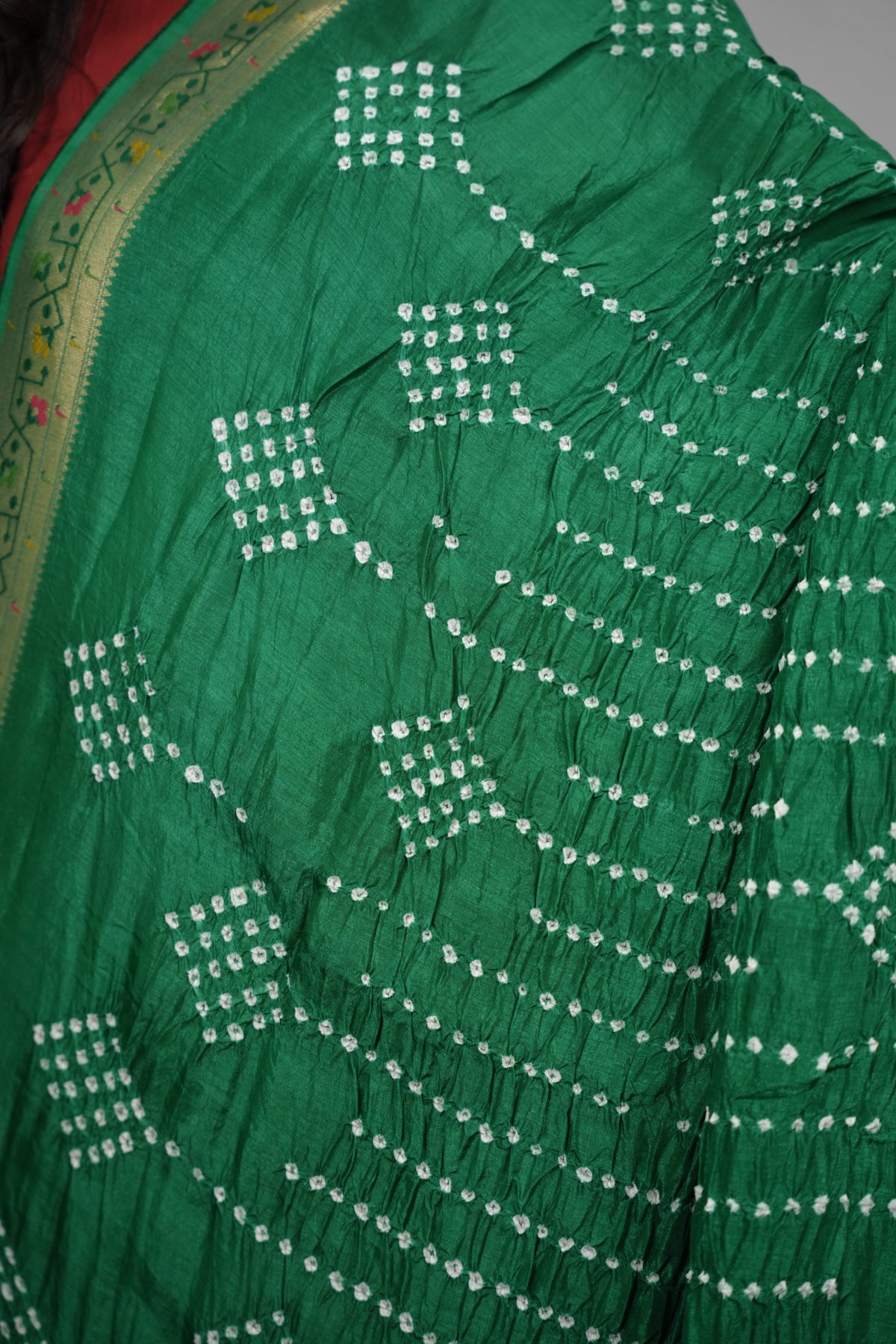 Green Handcrafted Pattern Bandhani Paithani Dola Silk Saree | Looms & Tassels