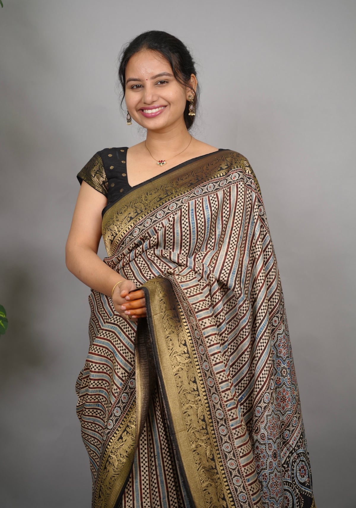 Contemporary Ajrakh Handblock printed Dola Silk Saree | Looms & Tassels
