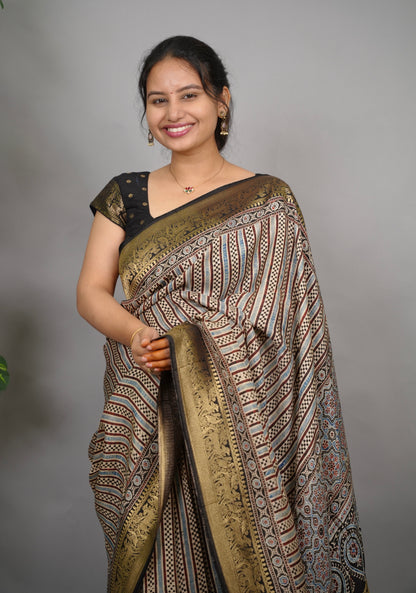 Contemporary Ajrakh Handblock printed Dola Silk Saree | Looms & Tassels