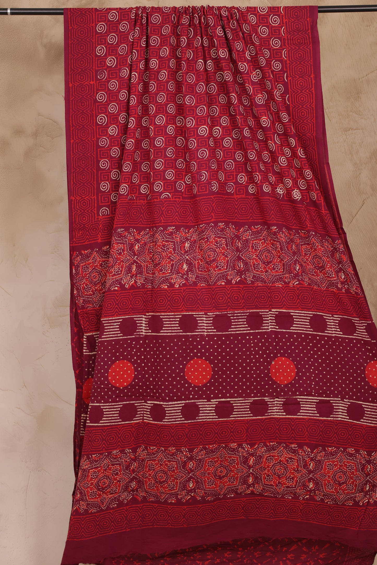Maroon Bagru Handblock printed MulMul cotton saree | Looms & Tassels